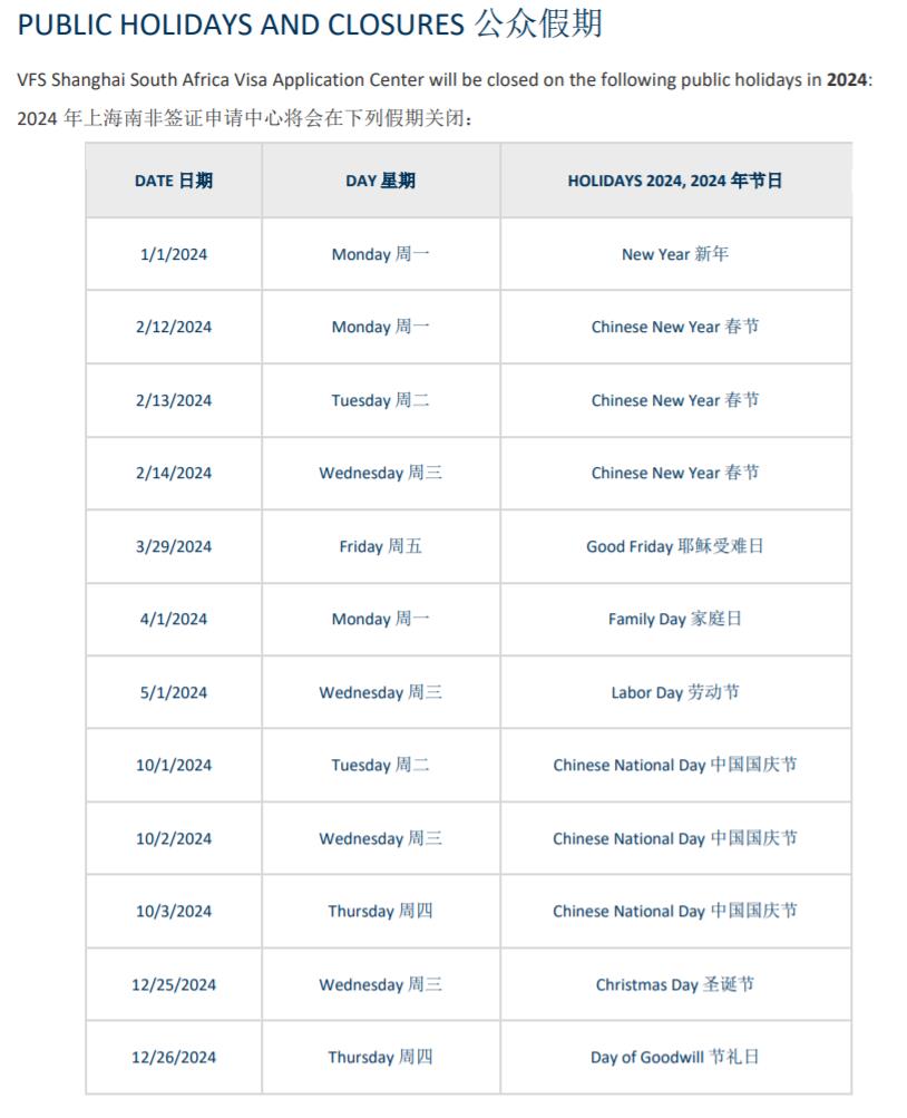 2024 年上海南非签证申请中心放假通知